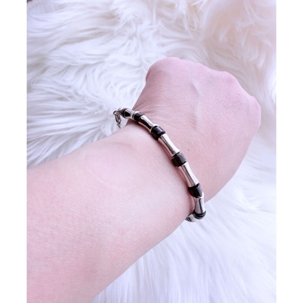 Silver Tone Bamboo Tube Bracelet with Black Beads – 8.5" Lobster Clasp